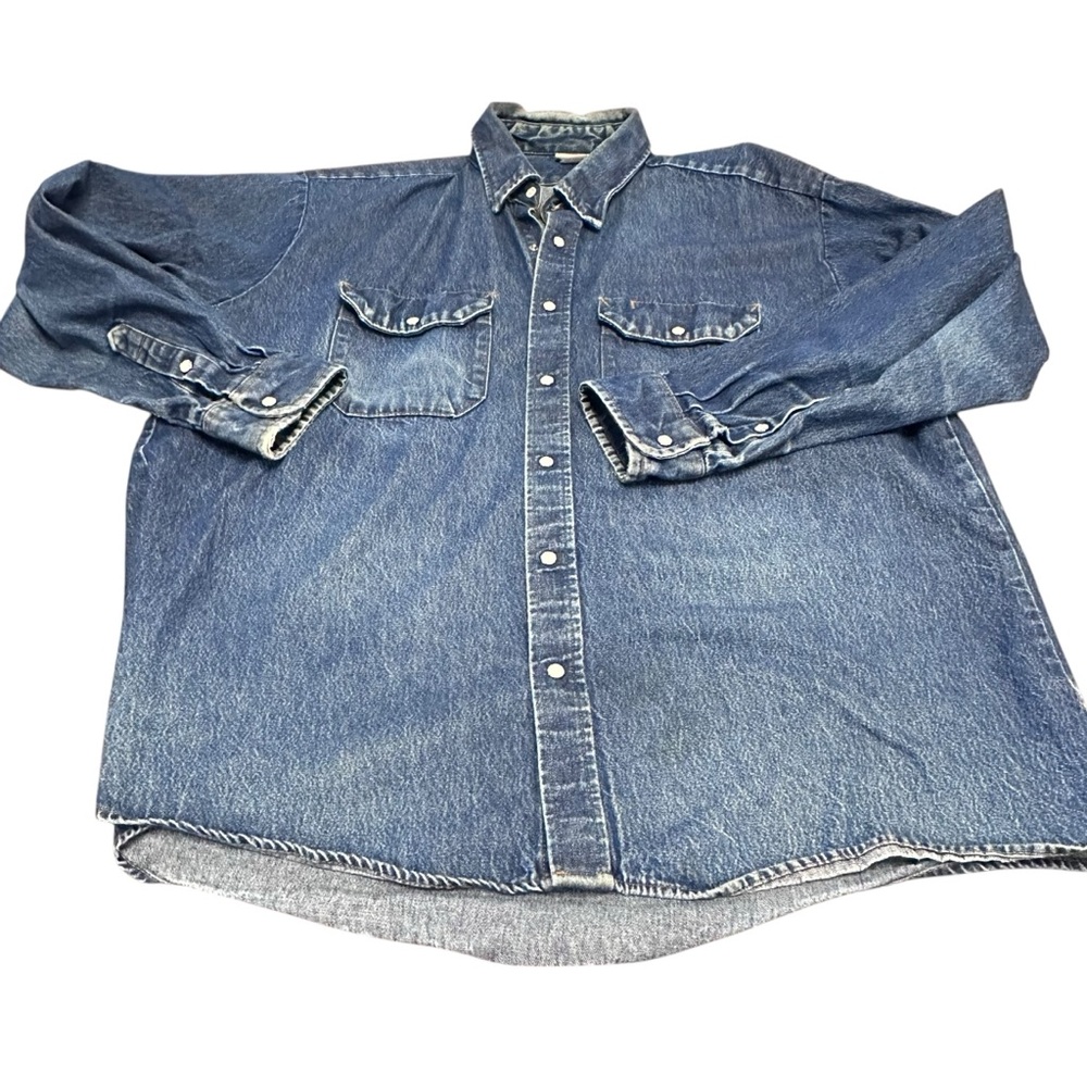 Red Kap XL Denim Pearl Snap Western Work / chore Shirt Faded‎ Distressed